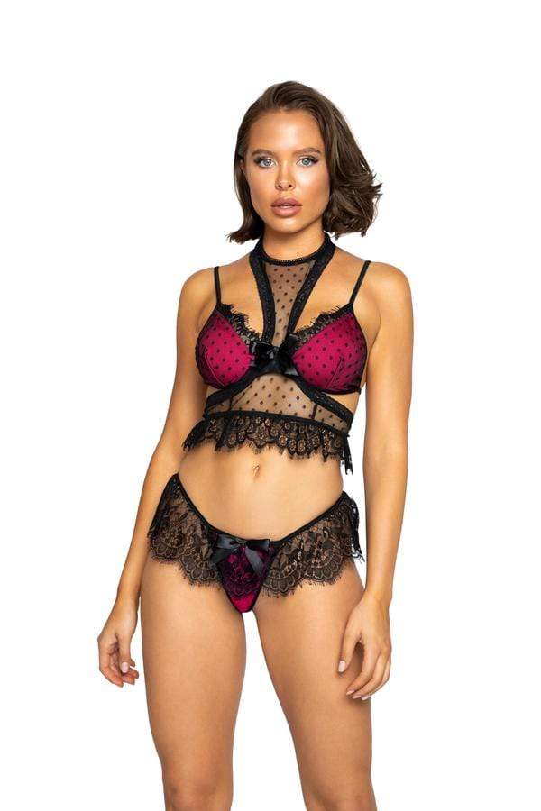 Roma Three Piece Two Tone Polka Dot Bra w/ See-Through Harness & Black Lace Panty Set Apparel & Accessories > Clothing > Underwear & Socks > Lingerie