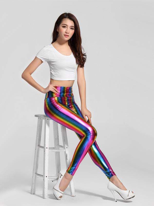 SoHot Clubwear One Size / Print Metallic Rainbow Print Leggings SHC-90927-S-LB 2021 Sexy Metallic Lame Rainbow Festival Dance Club Party Leggings Apparel & Accessories > Clothing > Pants