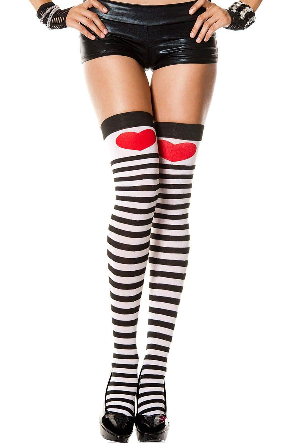 SoHot Clubwear Print / One Size Black & White Stripe w/ Red Heart Thigh High Stockings SHC-6315-LA Harlequin & Heart Thigh High Costume Stockings | Leg Avenue 6315 Apparel & Accessories > Clothing > Pants
